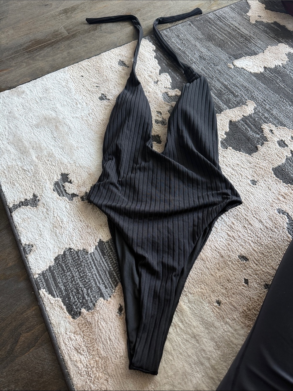 Fashion Nova Black Ribbed Halter One-Piece